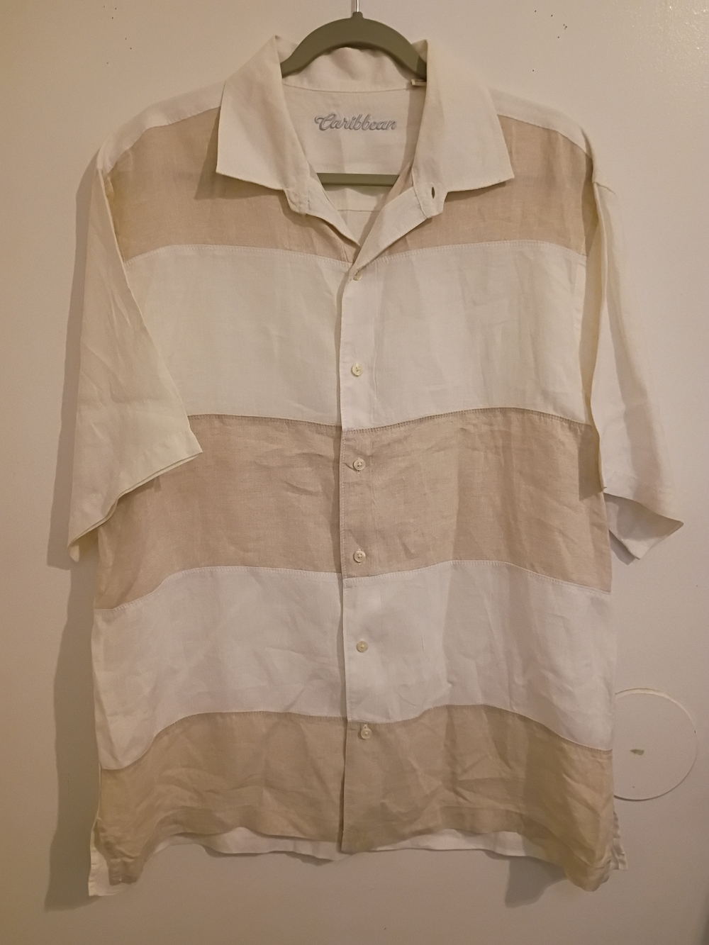 Caribbean Men’s Short Sleeve‎ White and Beige Shirt 100% Linen Sz L